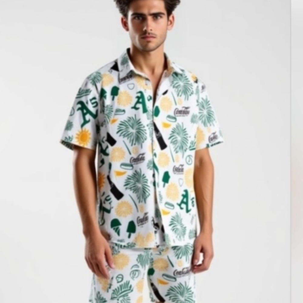 🆕 A's Athletics Hawaiian Fireworks 🎆 Coca Cola Button-Up Shirt - XL